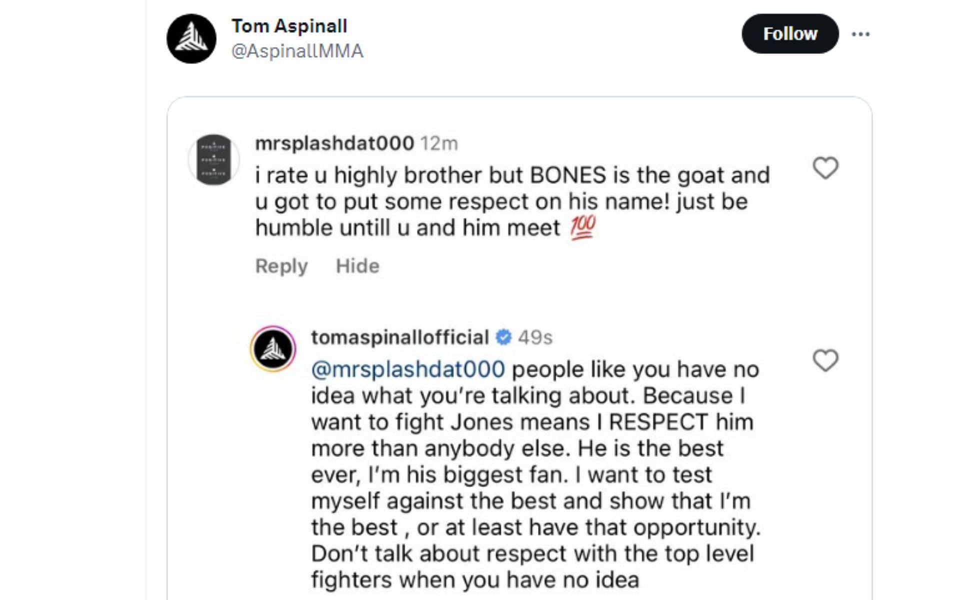 X post regarding Aspinall&#039;s exchange with a fan on Instagram