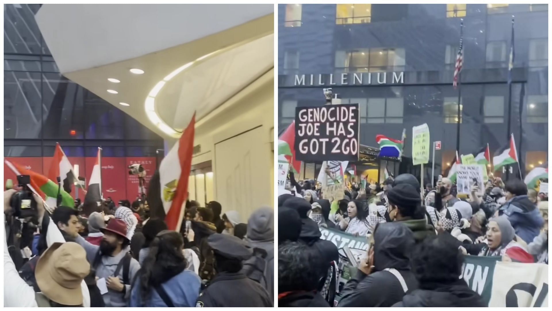 The entrance to a World Trade Center building was swarmed by pro-Palestine protestors on Thursday (Image via YouTube/@FREEDOMNEWS TV)