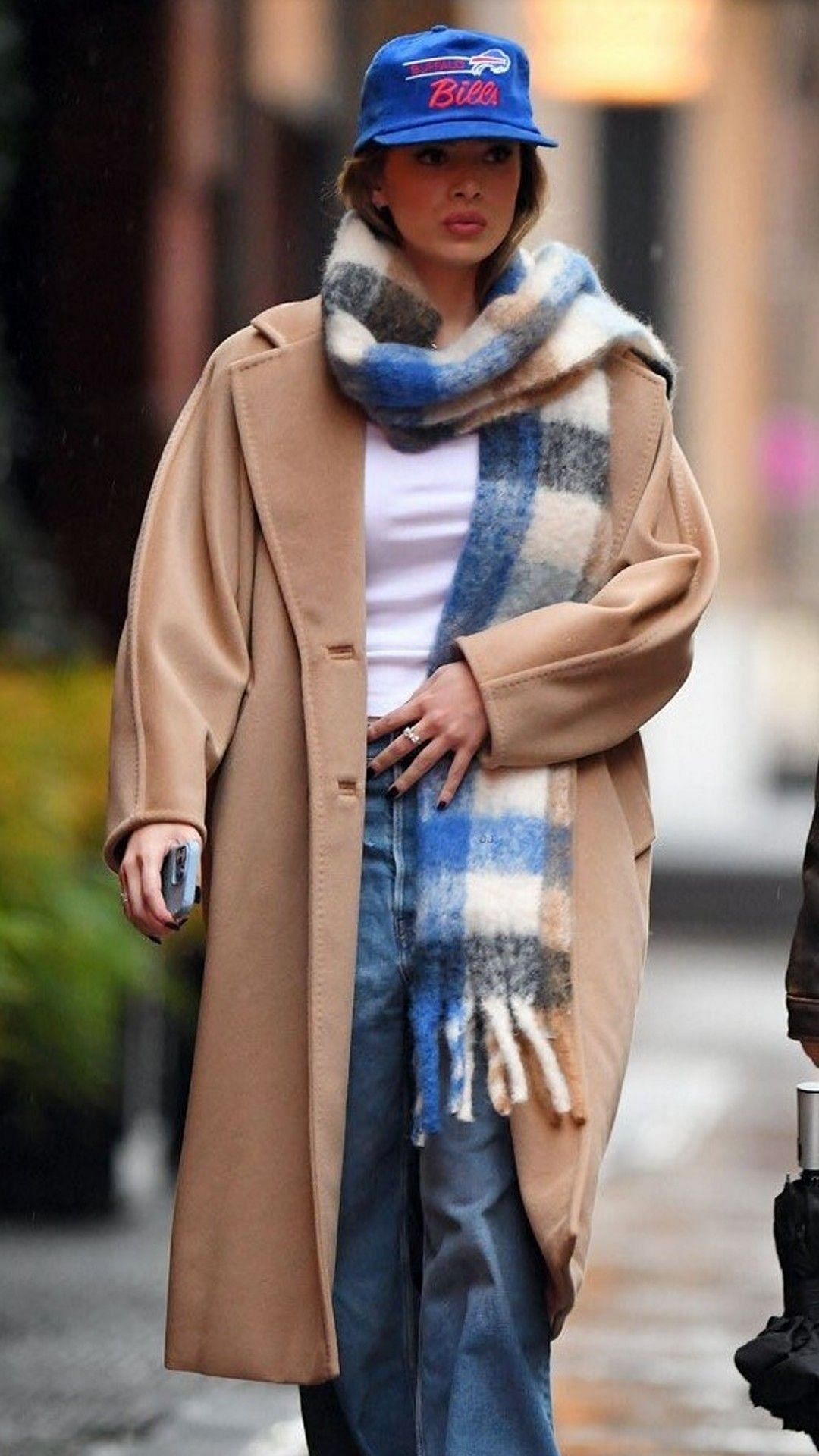 Hailee Steinfeld wearing a Buffalo Bills hat on Sunday.