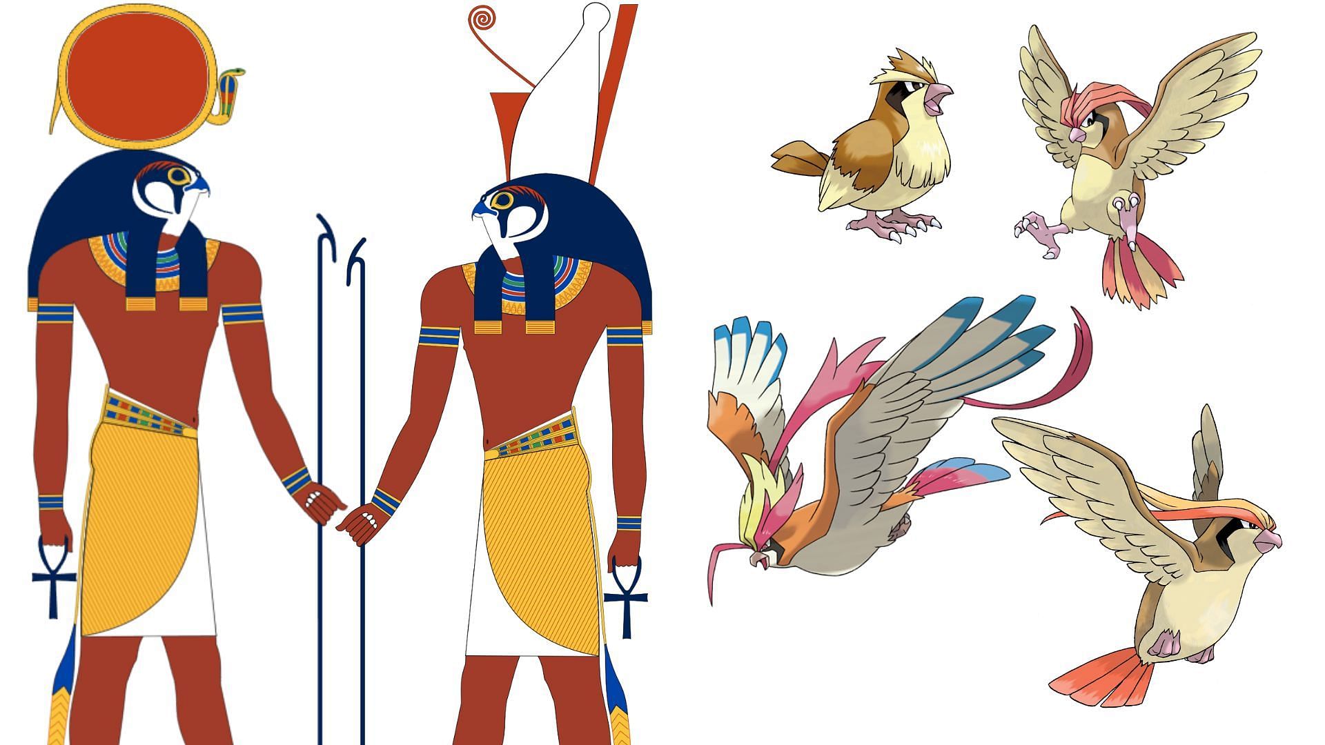 Inspiration from Egyptian deities Horus and Ra. (Image via Wikipedia and The Pokemon Company)