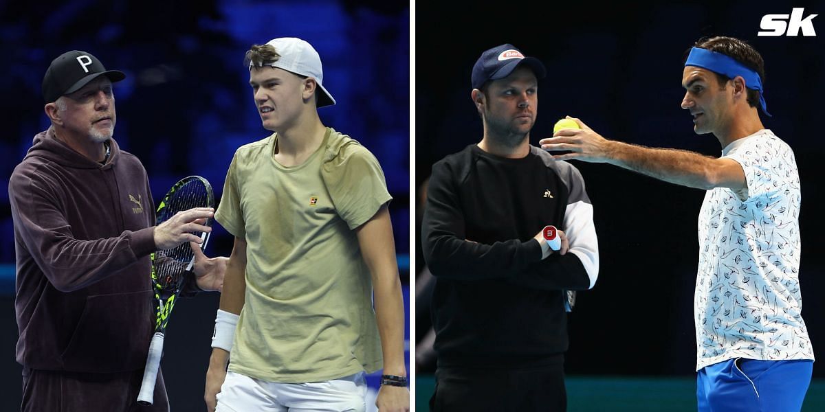 Boris Becker &amp; Holger Rune (L), Severin Luthi &amp; Roger Federer (R)