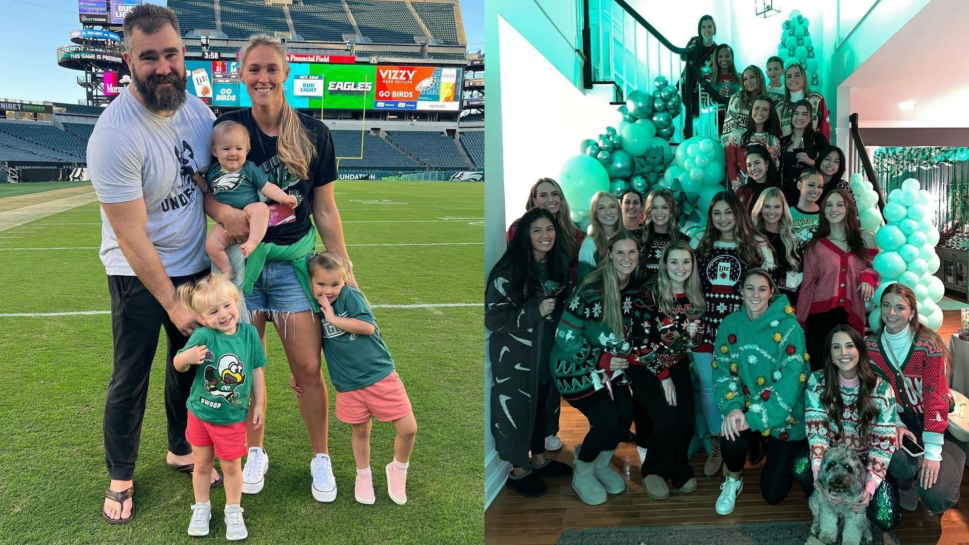 Kylie Kelce with her family and a photo from the party of Philadelphia Eagles player