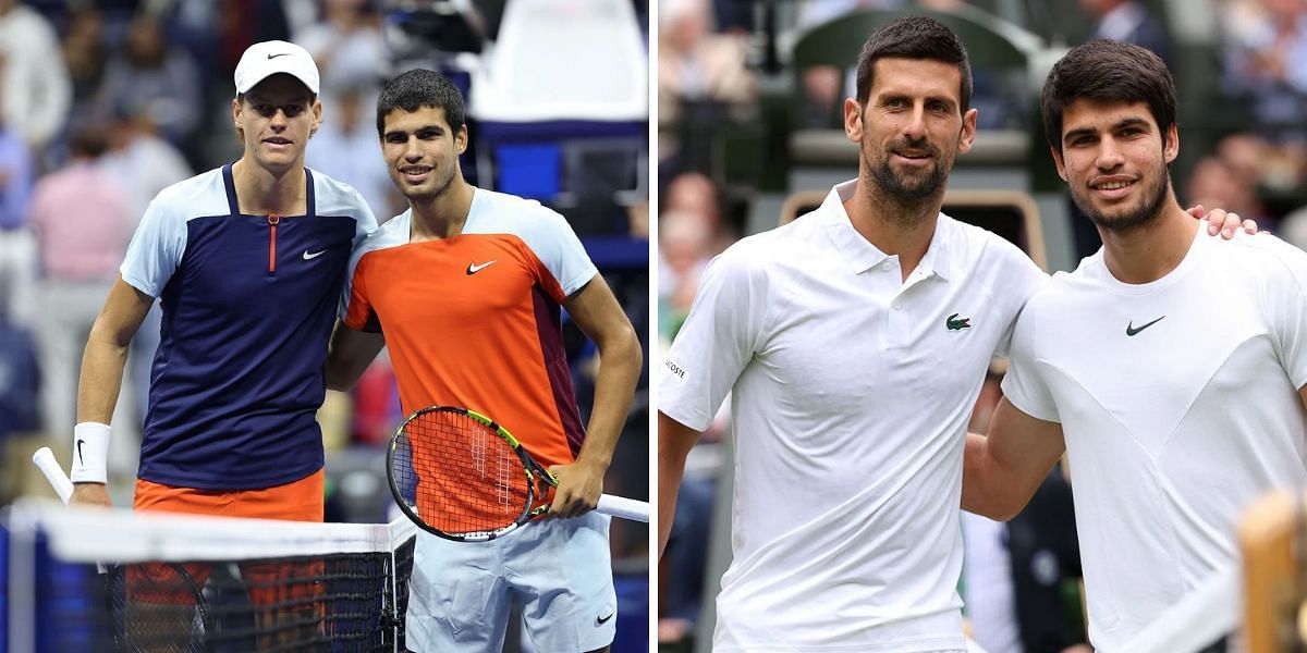 Carlos Alcaraz with Jannik Sinner (L) and Novak Djokovic (R)