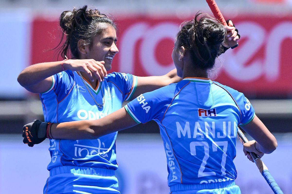 Indian players celebrate a goal against Canada (Image Credits: Hockey India)