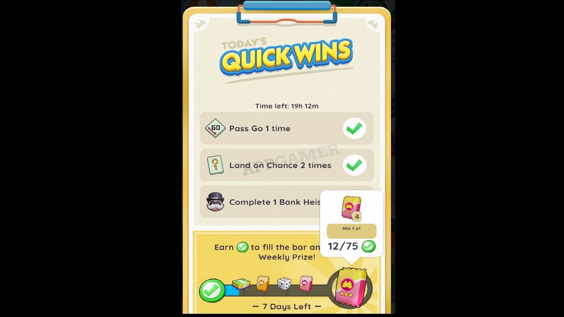 Complete Quick wins to earn more Peg-E tokens (Image via Scopely)