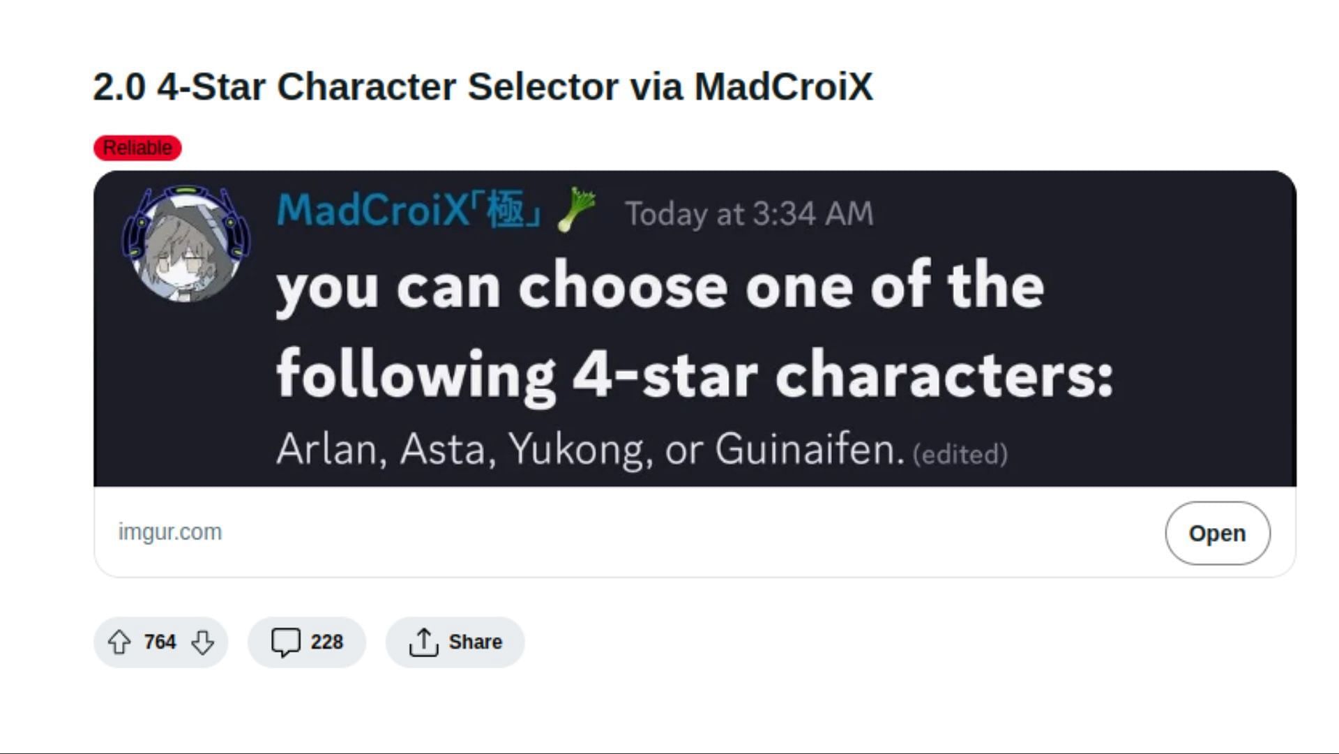 A total of four characters will be available to choose from in the selector (Image via Reddit)