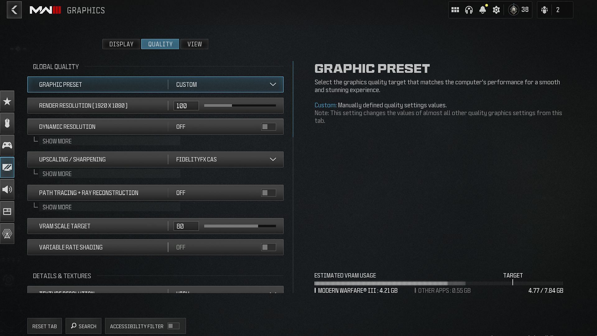 Graphics settings Quality tab (Image via Activision)