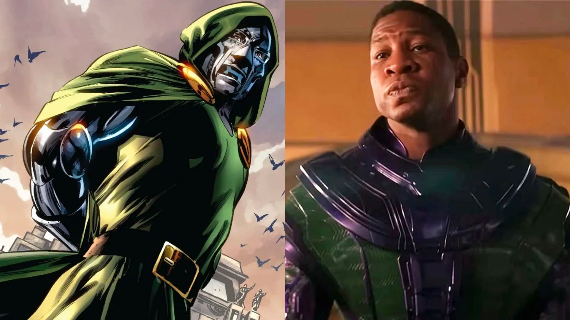 (L) Doctor Doom may replace (R) Kang in Avengers 5 (Images via MCU and Marvel Database)