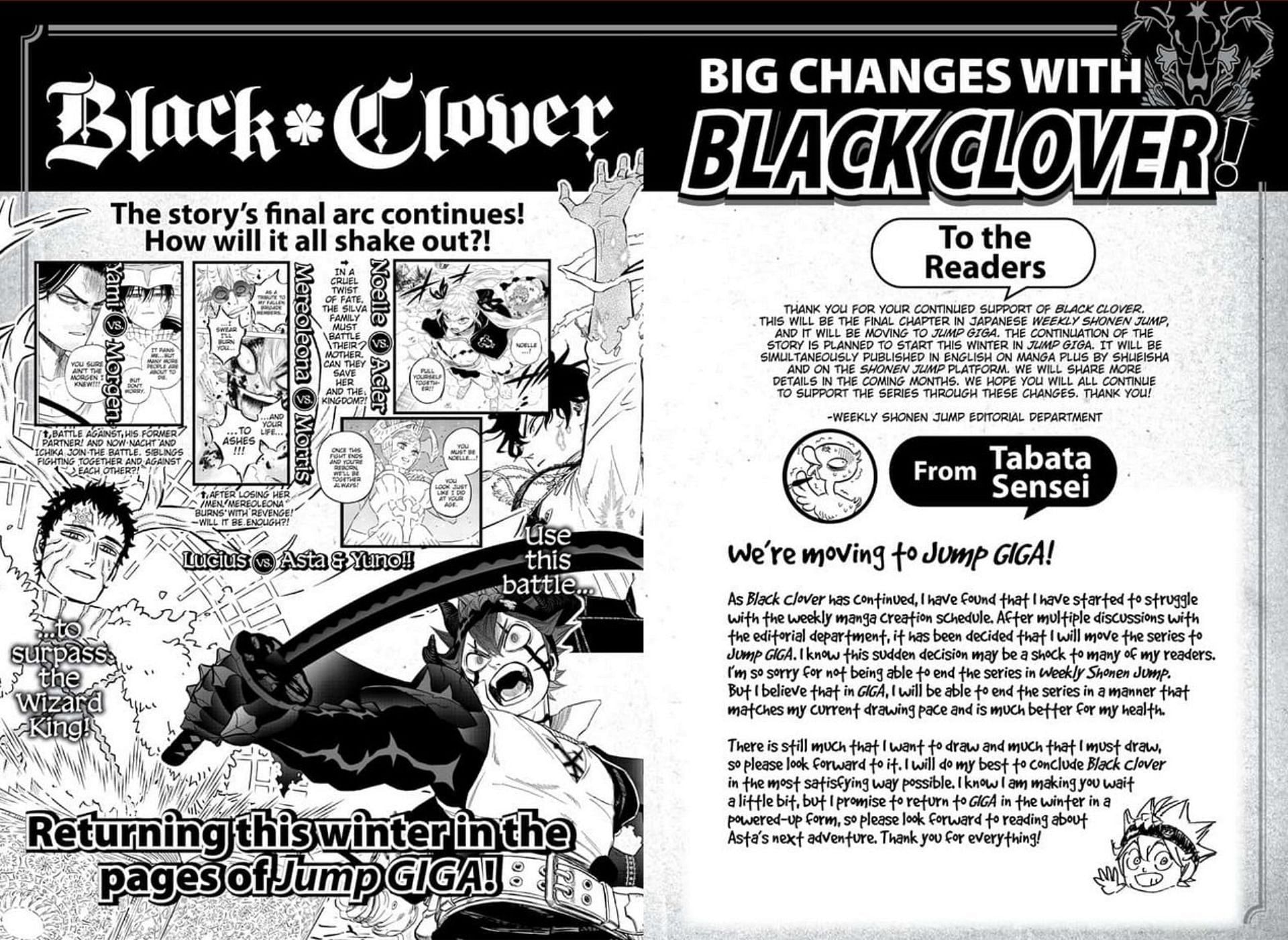 The announcement for Black Clover manga&#039;s transfer to Jump GIGA magazine (Image via Shueisha)