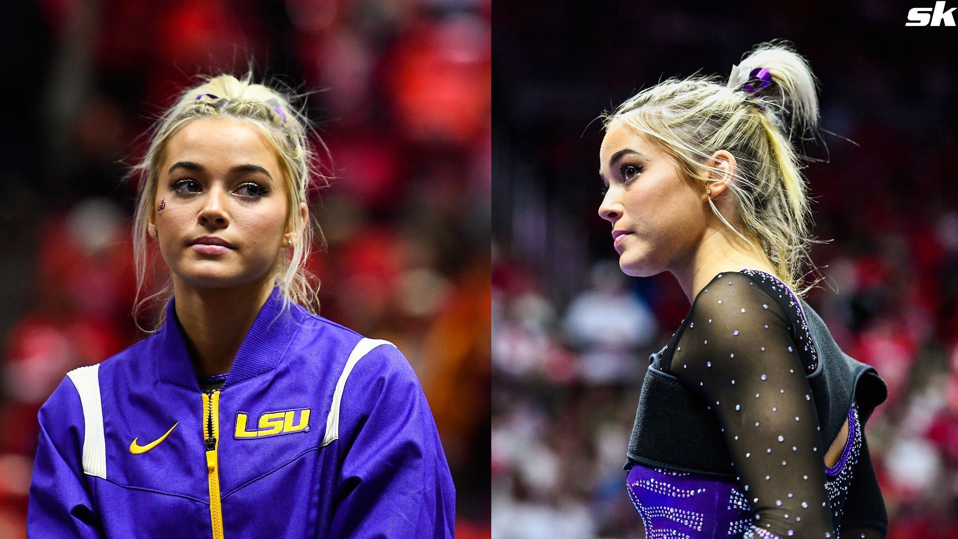 Olivia Dunne of LSU looks on after a PAC-12 meet against Utah at Jon M. Huntsman Center in January 2023