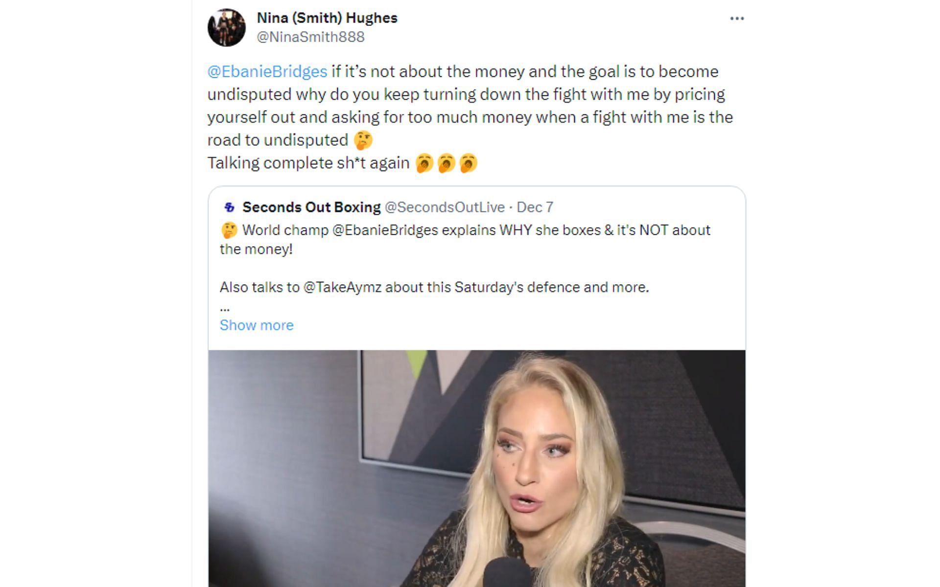 Nina Hughes&#039;s tweet regarding comments about not being in boxing for money