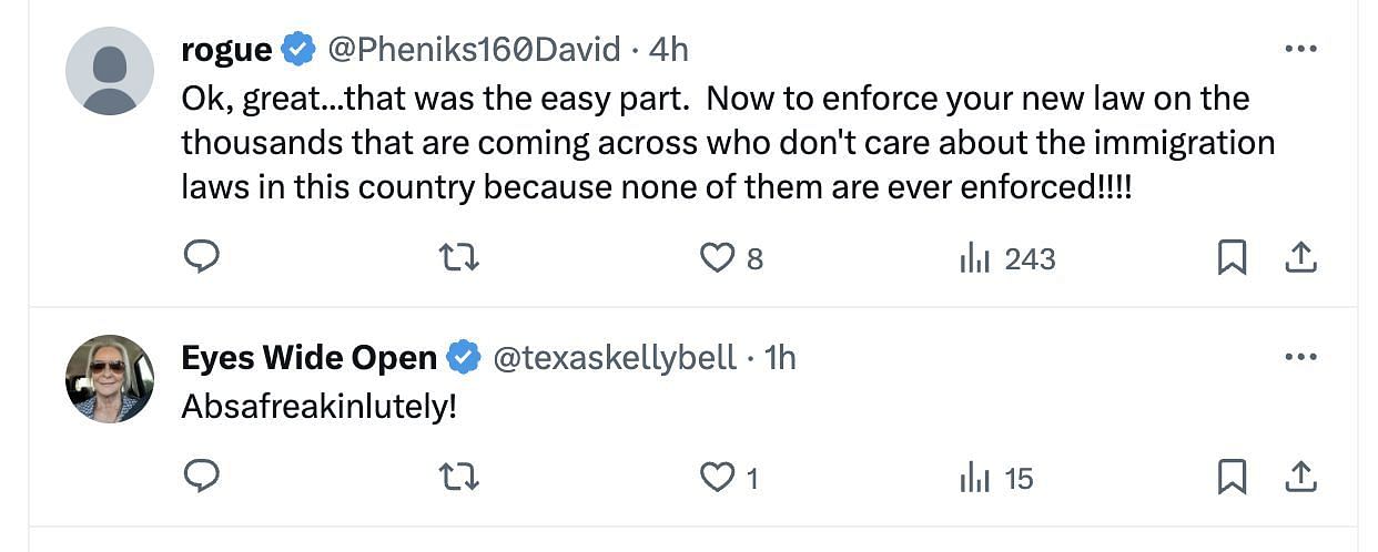 Social media users share reactions as Texas&#039; governor passed a new bill for arresting illegal immigrants. (Image via Twitter)