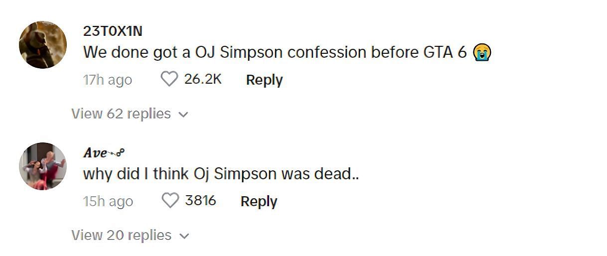 Comments on TikTok in response to OJ Simpson&#039;s post