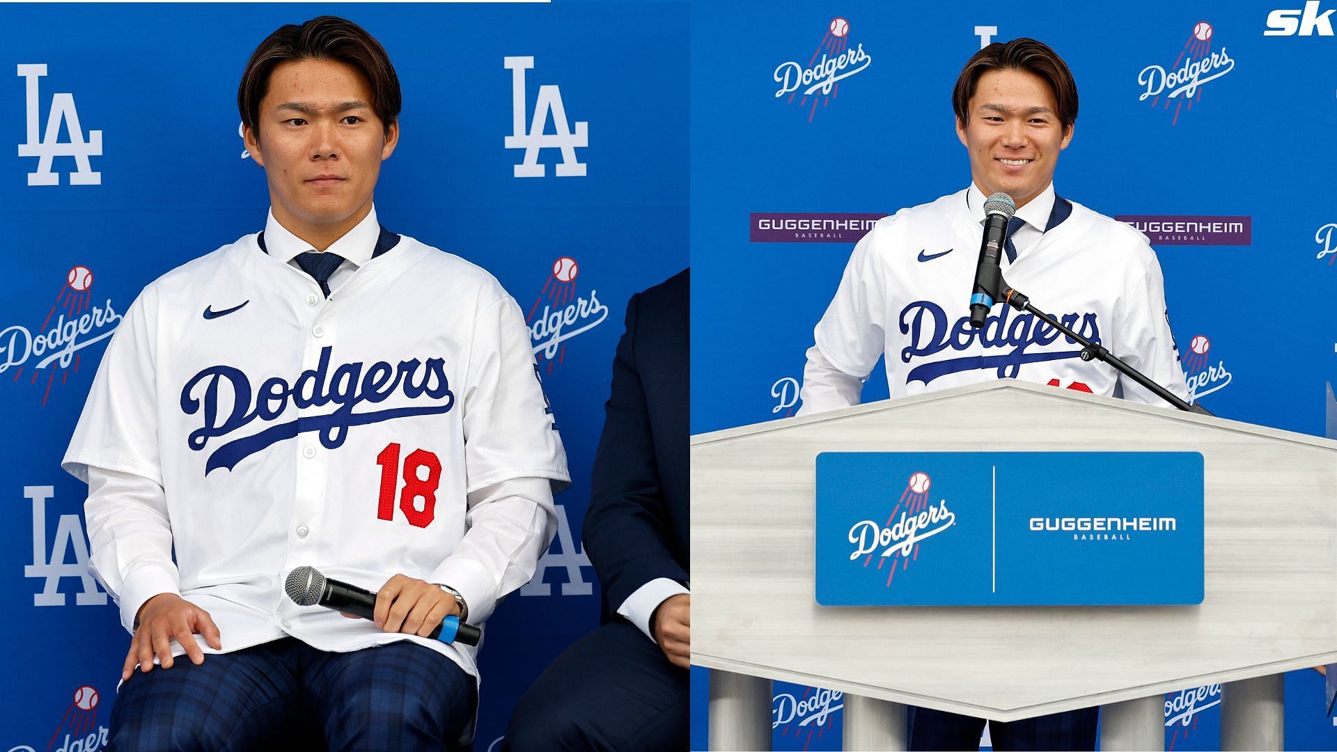 Yoshinobu Yamamoto speaks to the media during an introductory press conference at Dodger Stadium