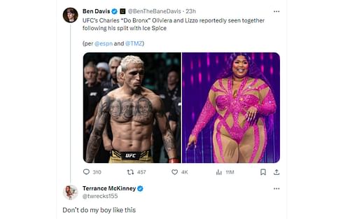 Ben Davis' tweet regarding Oliveira-Lizzo and Terrance McKinney's reaction