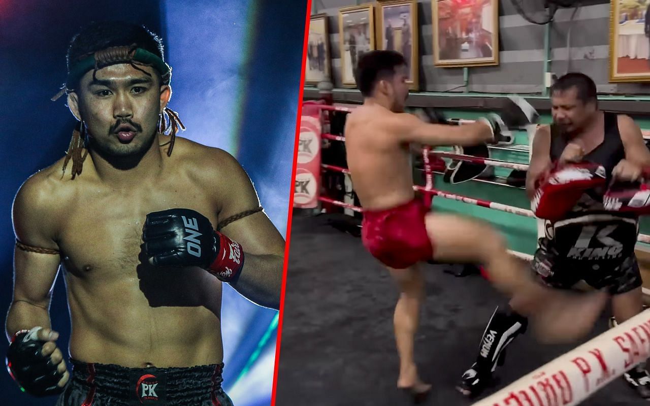 Prajanchai PK Saenchai (left) and Prajanchai during training (right)