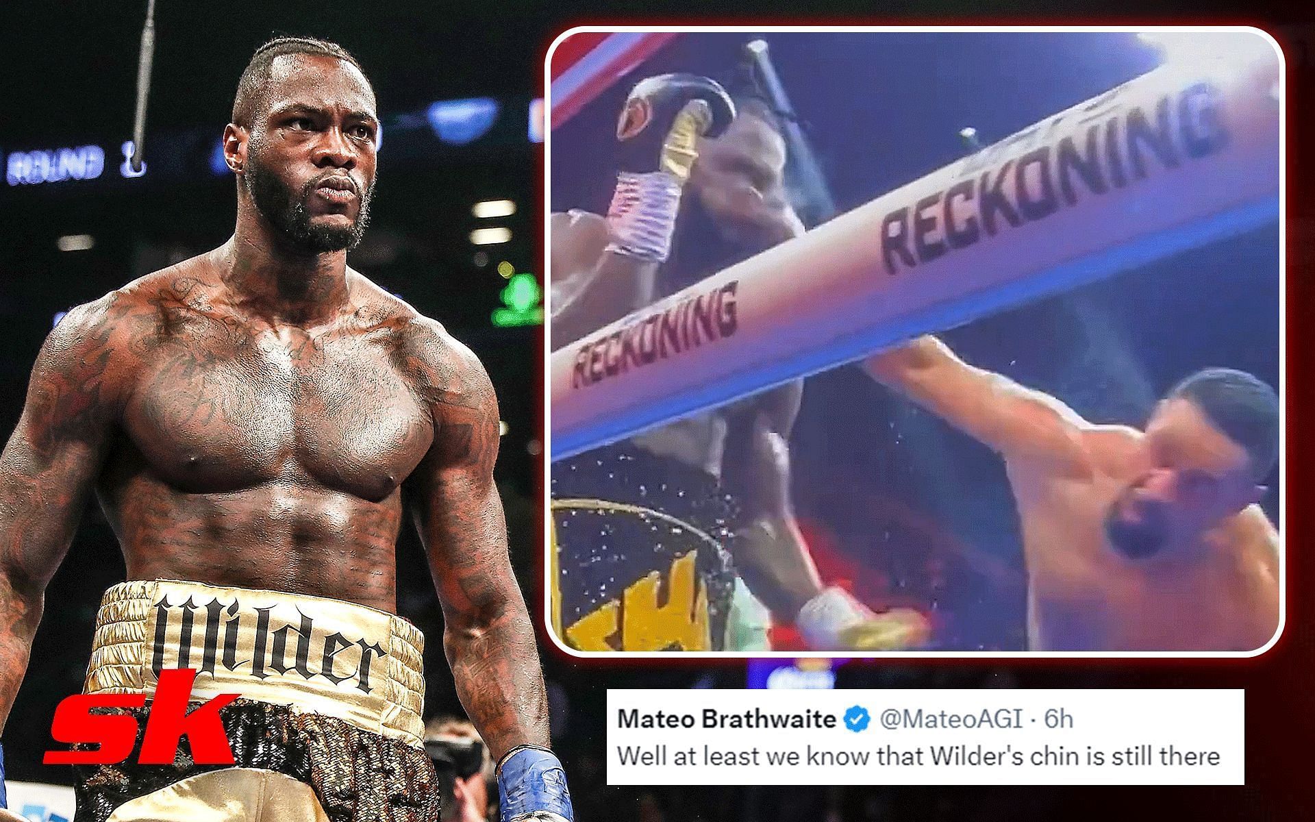 Fan laud Deontay Wilder (left) for withstanding a crushing blow from Joseph Parker (extreme right) [Image courtesy Getty Images and @WestHamXtra on X]