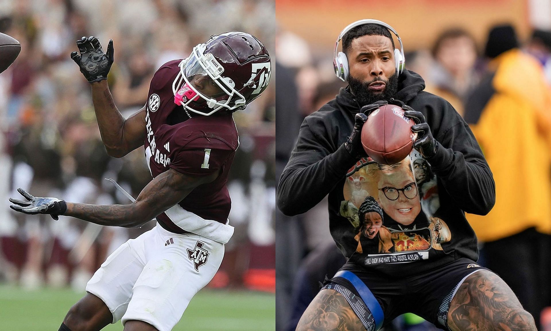 Former Aggies WR Evan Stewart (left), the Baltimore Ravens WR Odell Beckham Jr (right)