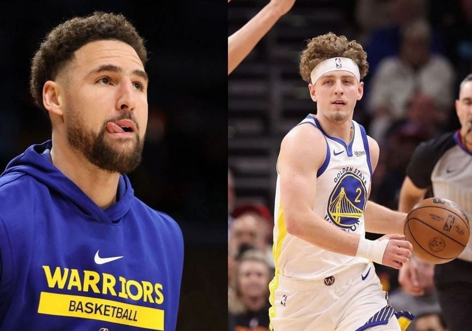 Golden State Warriors All-Star Klay Thompson (L) said their loss to the Miami Heat on Thursday was on all of them and not just on rookie Brandin Podziemski (R).