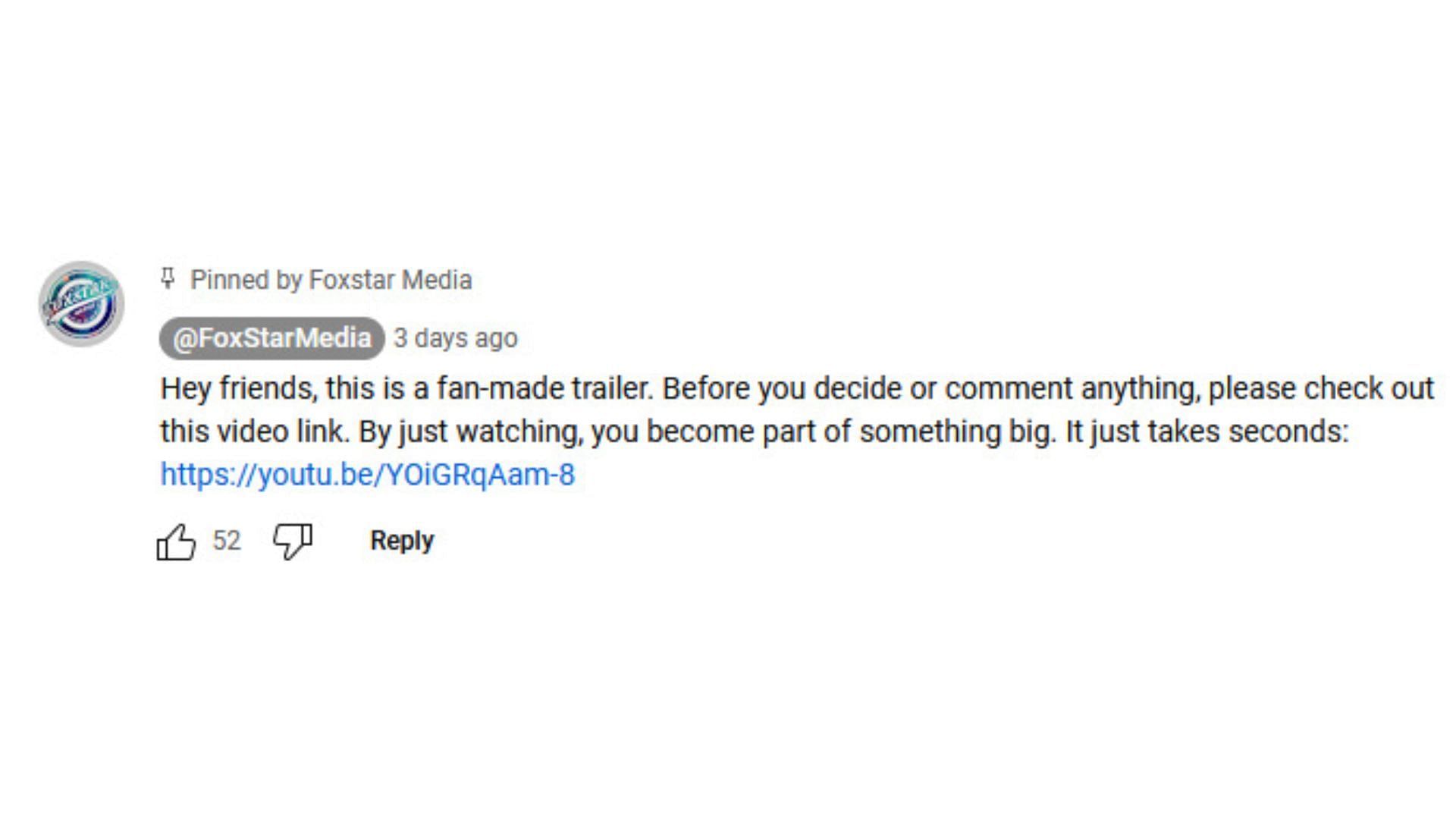 The comment has already mentioned that it is not real (Image via YouTube/Foxstar Media)