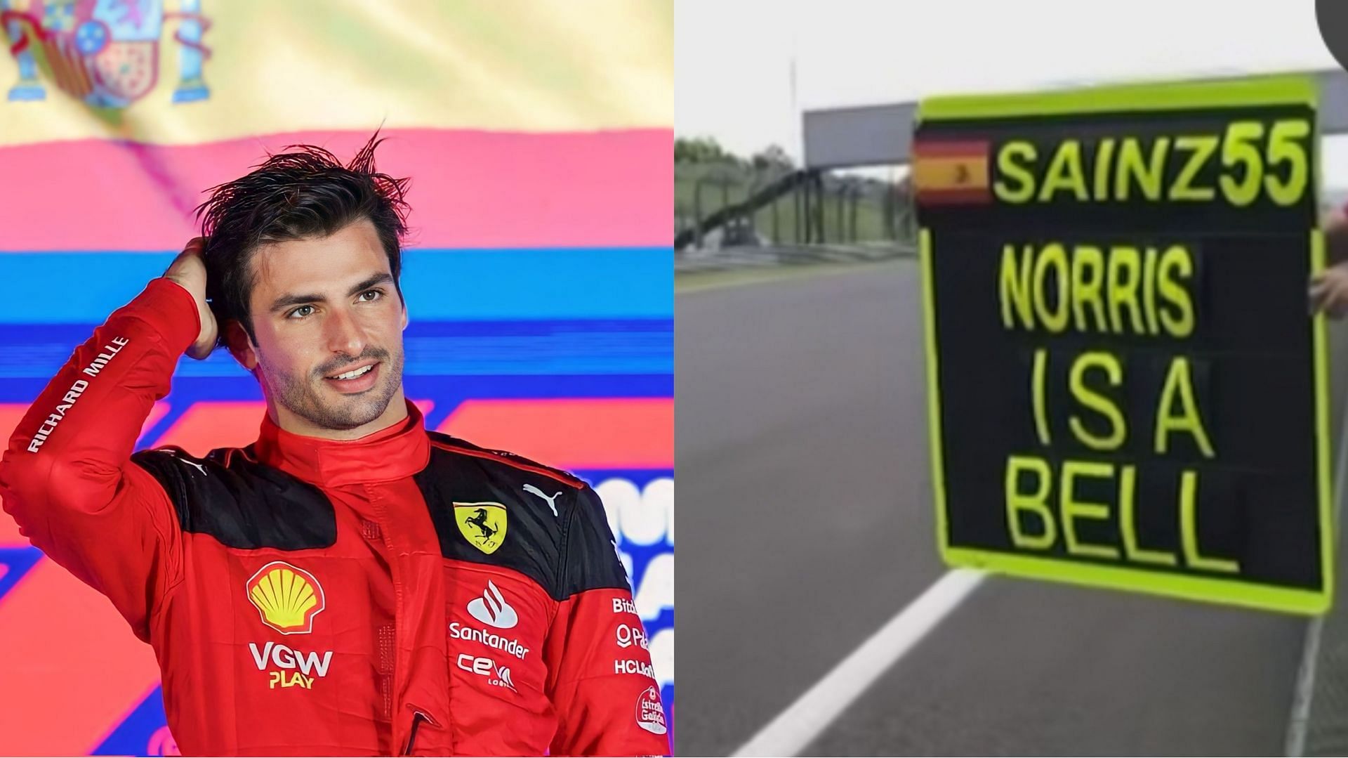 Rupert Manwaring using pitboards for Ferrari driver Carlos Sainz