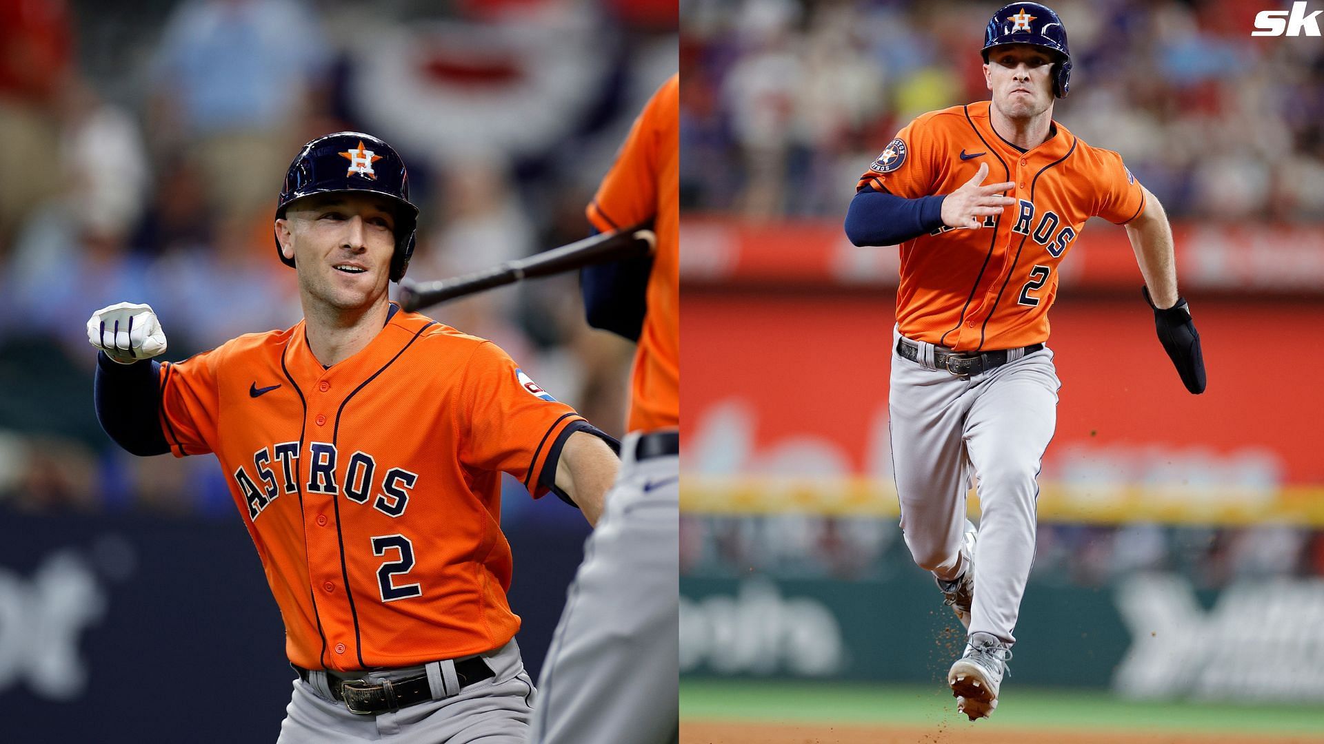 Alex Bregman of the Houston Astros celebrates as he rounds the bases after hitting solo home run against the Texas Rangers 