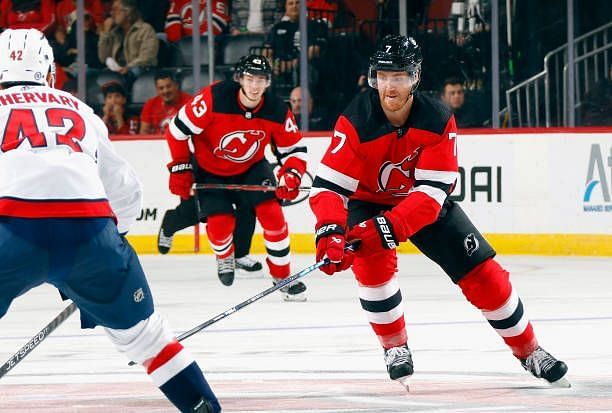 Dougie Hamilton of the New Jersey Devils skates against the Washington Capitals at Prudential Center on October 25, 2023 in Newark, New Jersey.