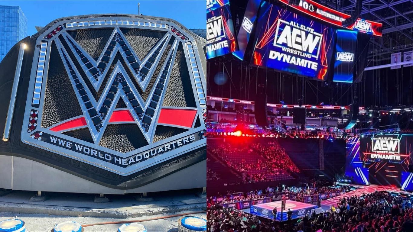 WWE Headquarters (left), AEW Dynamite arena (right)