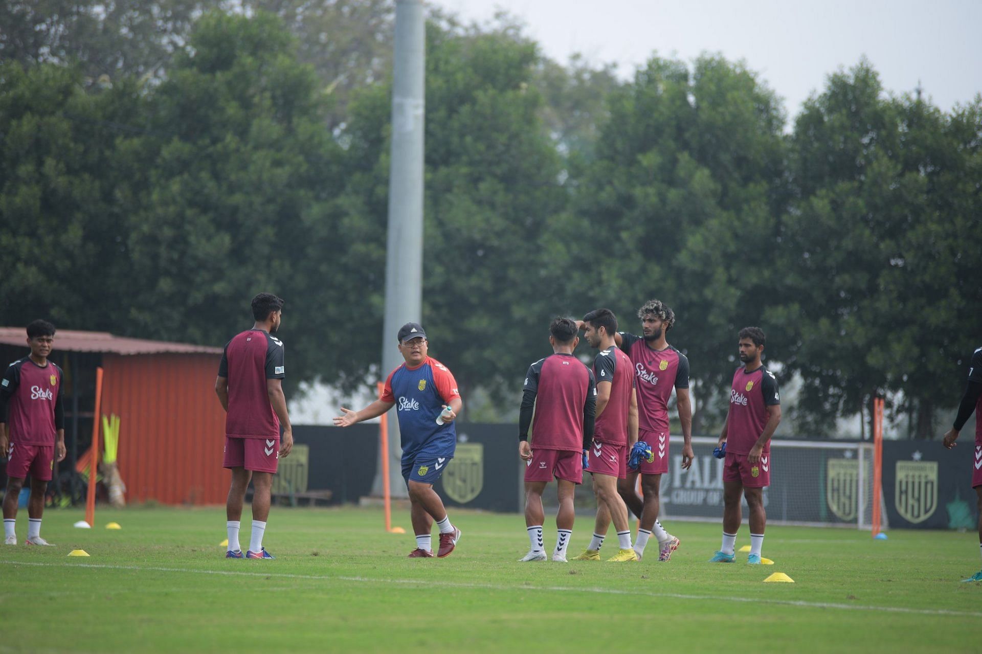 Hyderabad FC head coach Thangboi Singto leading his players in training. (HYD)