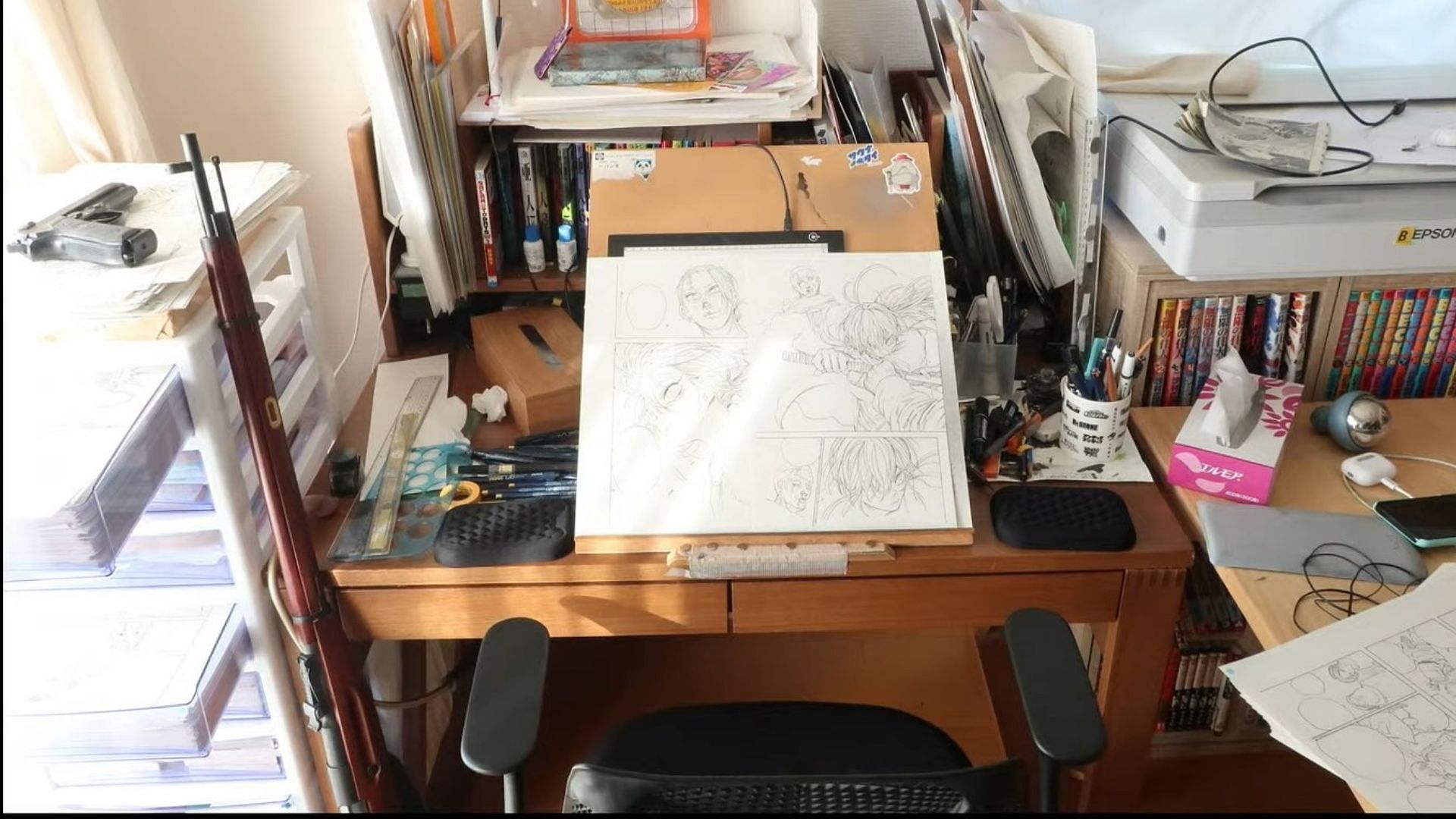 Yuto Suzuki&#039;s work desk as revealed during Jump Festa 2024 (Image via Shueisha/ Jump Festa 2024)