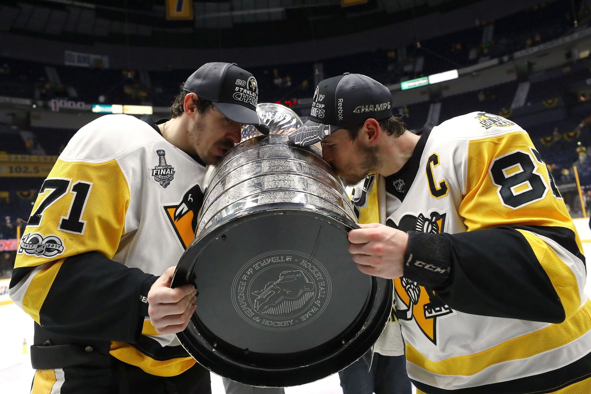 Evgeni Malkin and Sidney Crosby celebrate their 2017 Stanley Cup win.