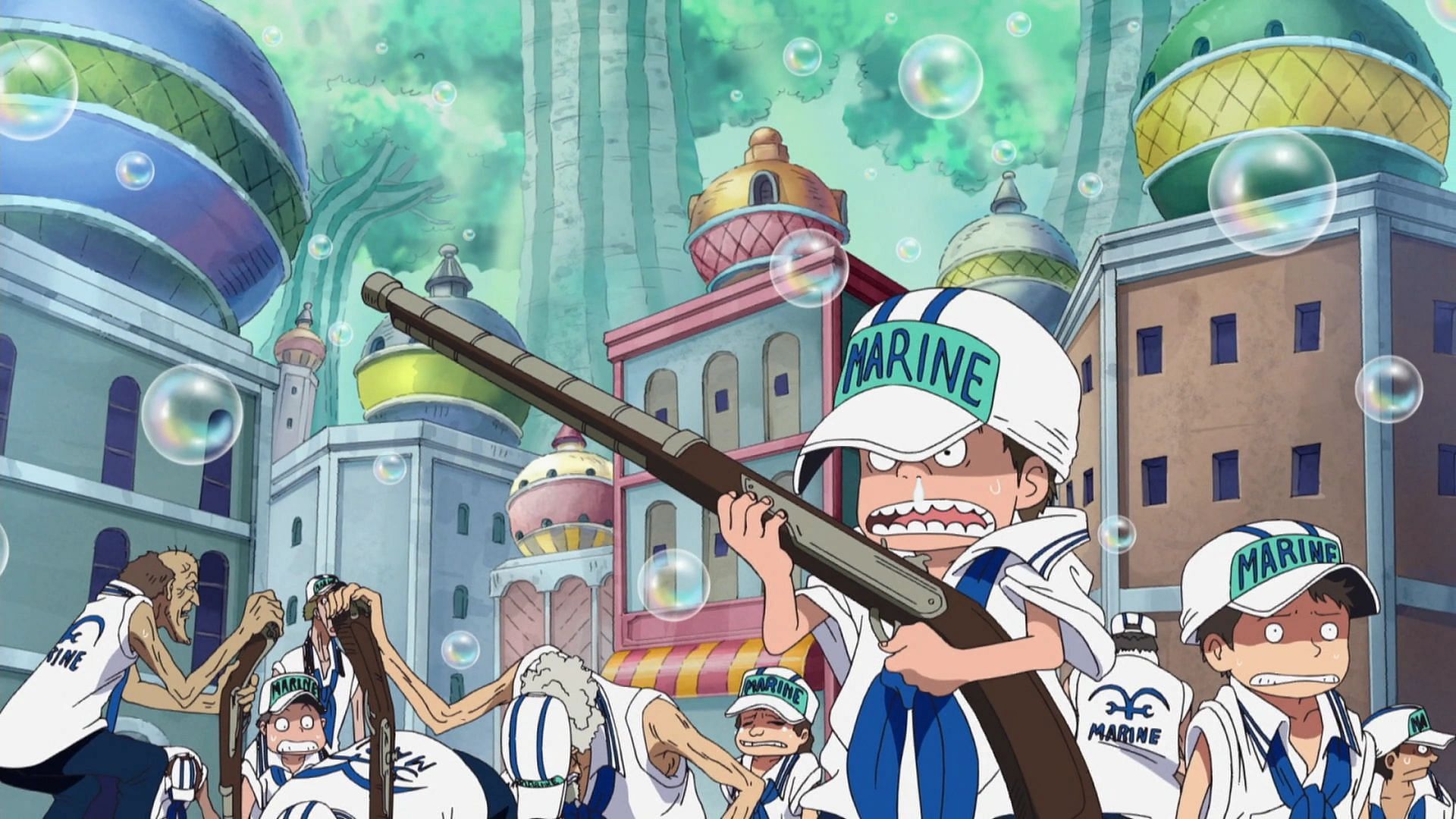 Some Marines targeted by Bonney&#039;s Age-Age Fruit (Image via Toei Animation, One Piece)