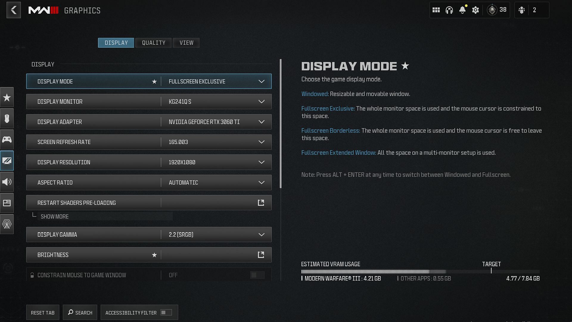 Graphics settings Display tab (Image via Activision)
