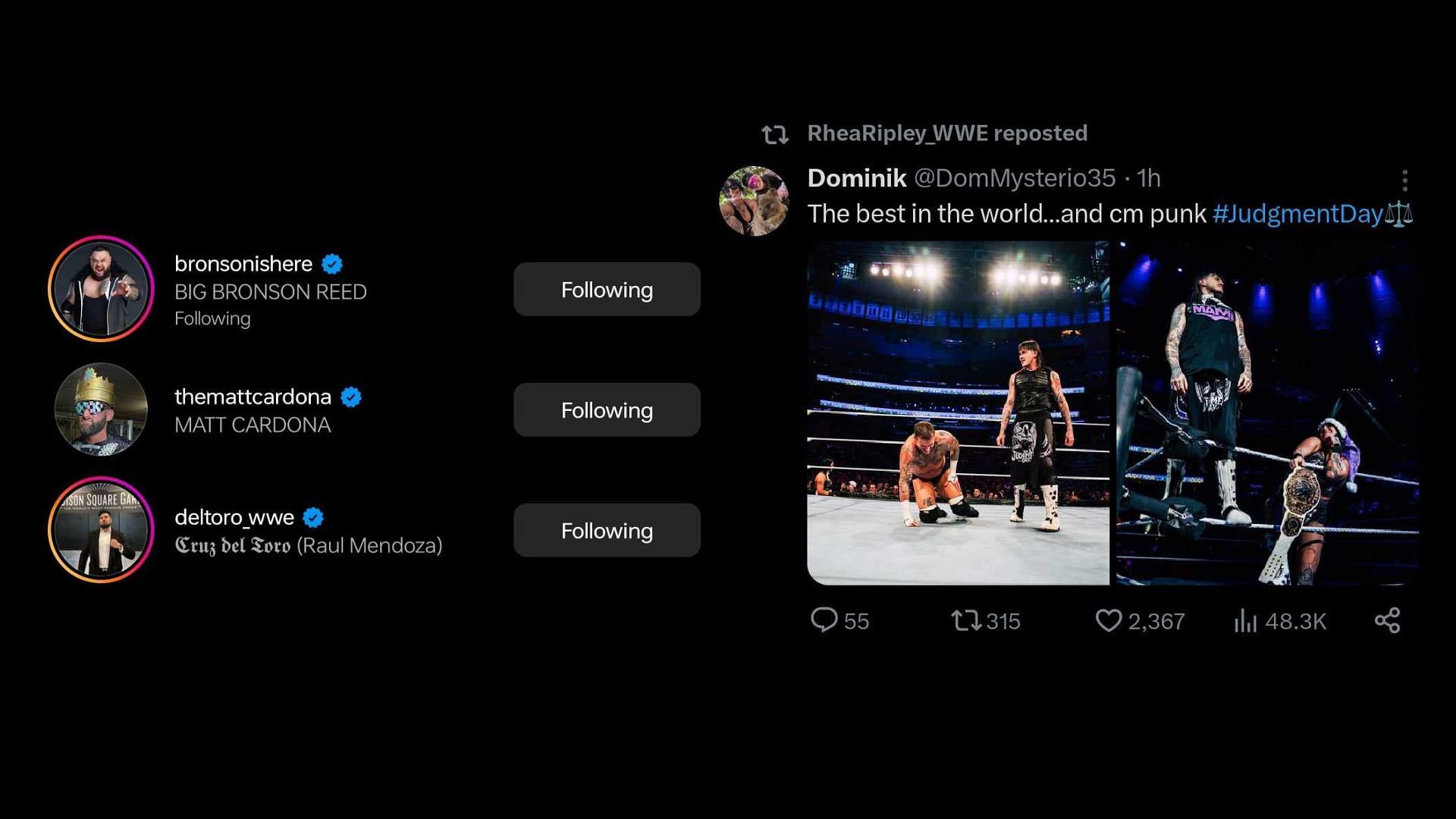 Screenshot of some more likes from stars and Rhea Ripley's repost