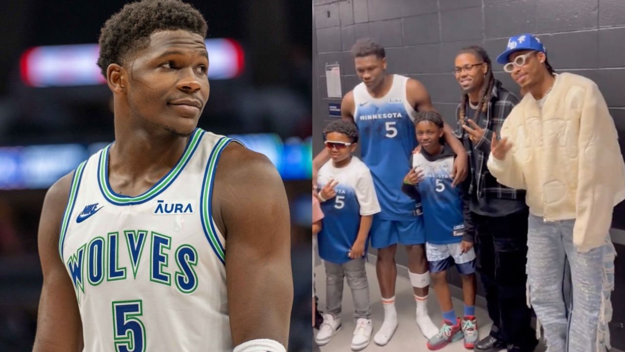 Anthony Edwards, Justin Jefferson posing with young fans