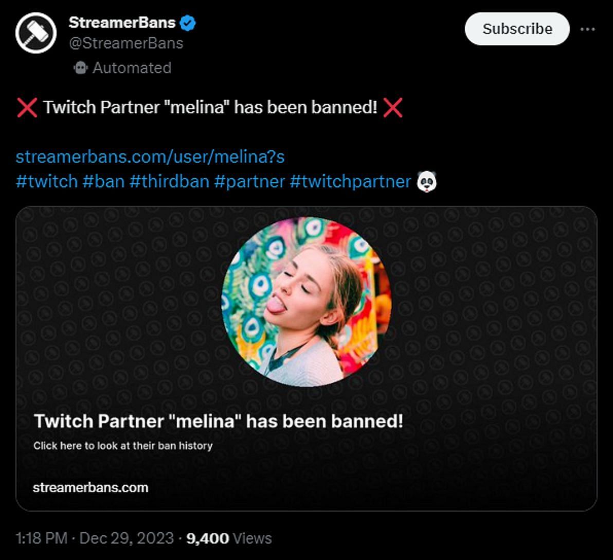 Twitch streamer Melina was banned for the third time (Image via X/@StreamerBans)