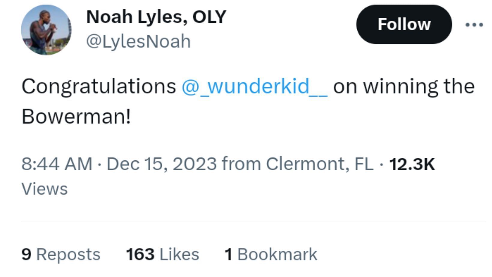 Noah Lyles via X (formerly Twitter)