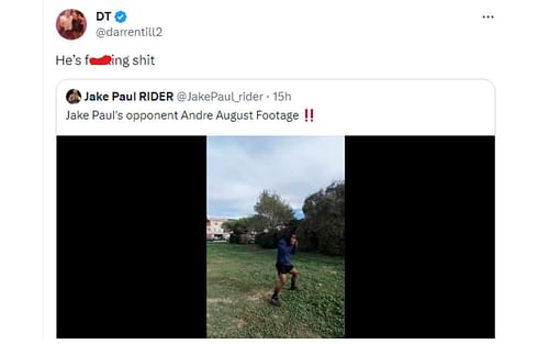 Tweet regarding Darren Till's reaction to Andre August's training footage