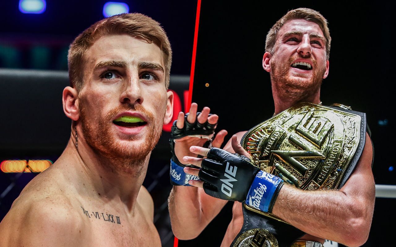 Jonathan Haggerty (left) and Haggerty holding his world title (right) | Image credit: ONE Championship