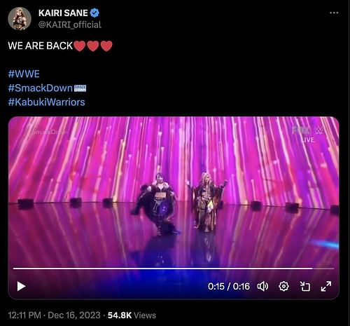 Kairi Sane's three-word message on Twitter (X).