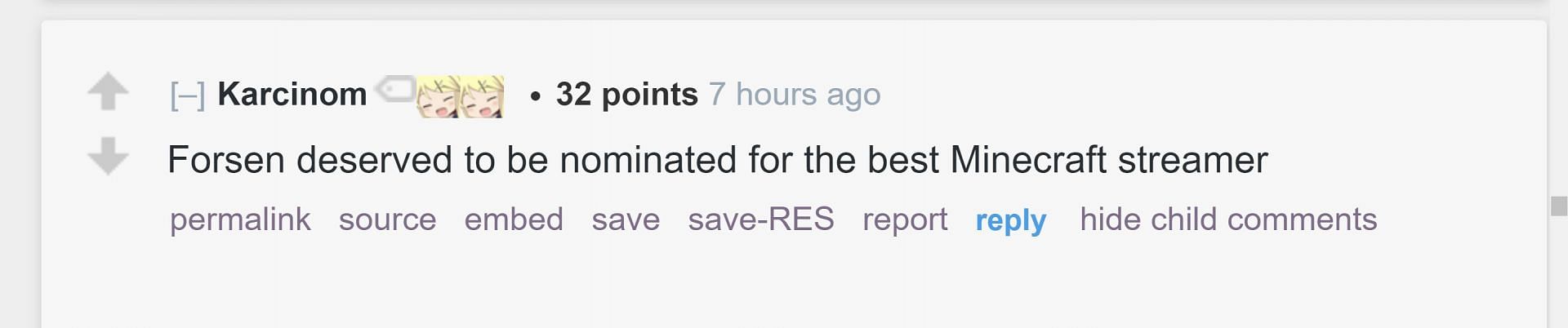 Redditor u/Karcinom said Forsen &quot;deserved&quot; to be nominated as the Best Minecraft Streamer (Image via r/LivestreamFail subreddit)