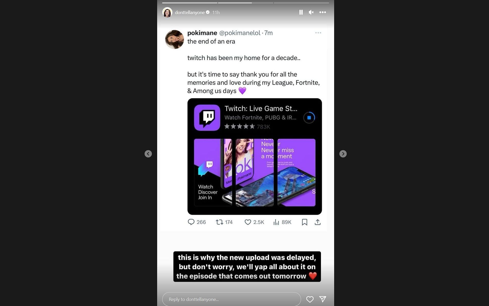 The Twitch streamer stated she would provide more details on her podcast (Image via donttellanyone/Instagram)