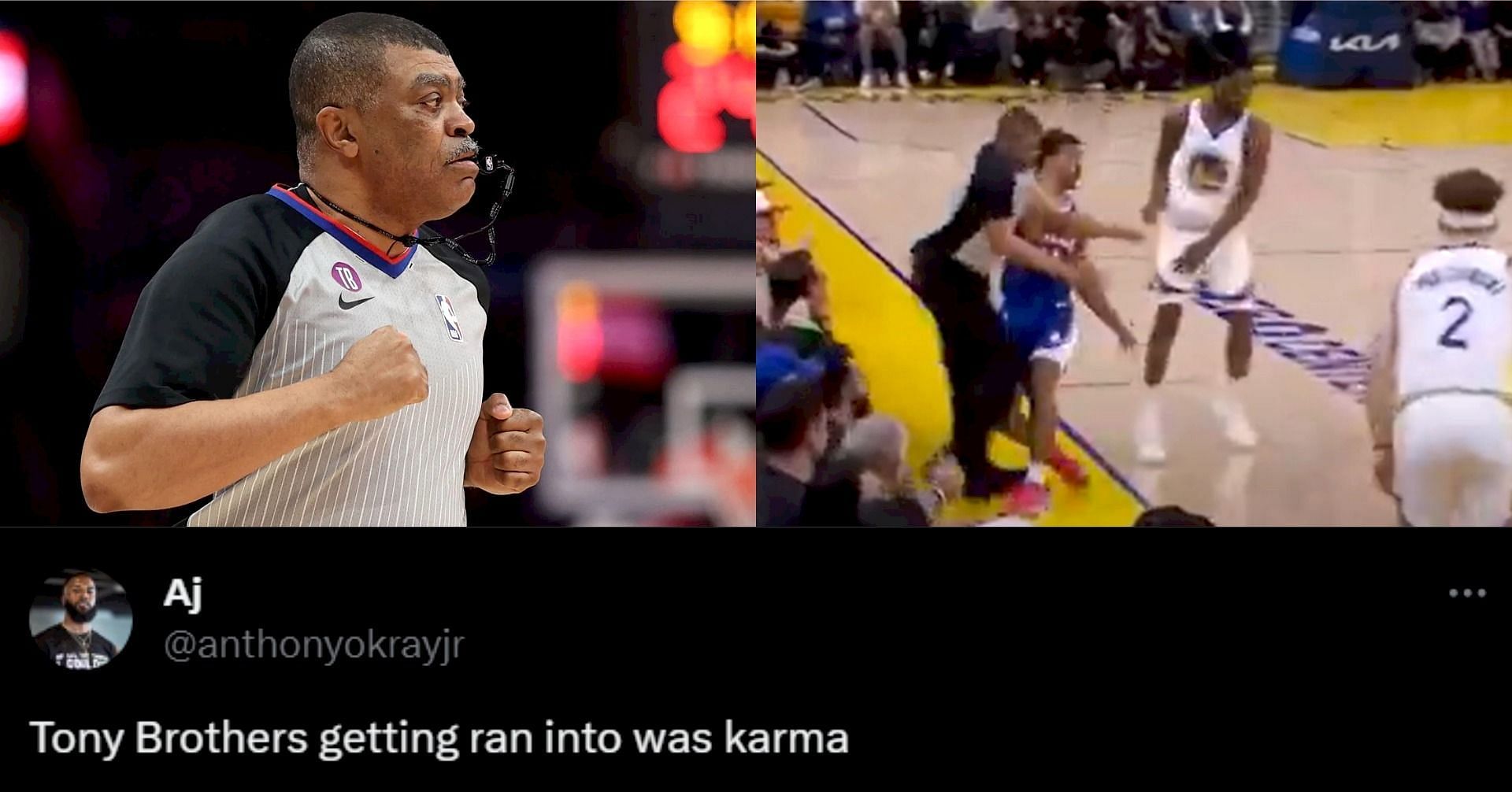 Veteran NBA official taking a hit during Warriors-76ers has fans wheezing