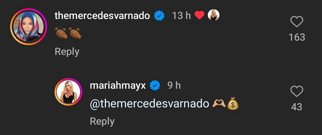 Screenshot of Mercedes Mon&eacute;&#039;s comment on Mariah May&#039;s post.
