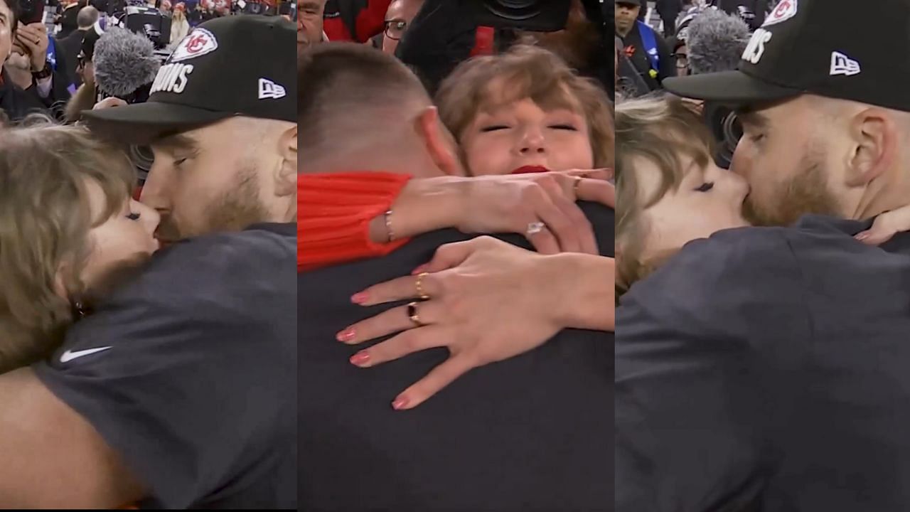 Travis Kelce and Taylor Swift kiss during the AFC Championship Game