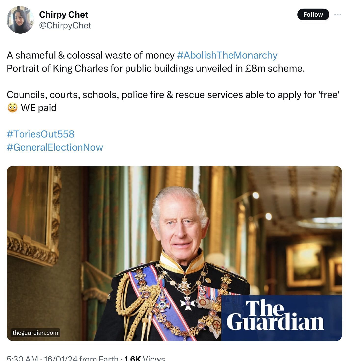 People on X react to King Charles&#039; portrait (Image via @ChirpyChet/X)