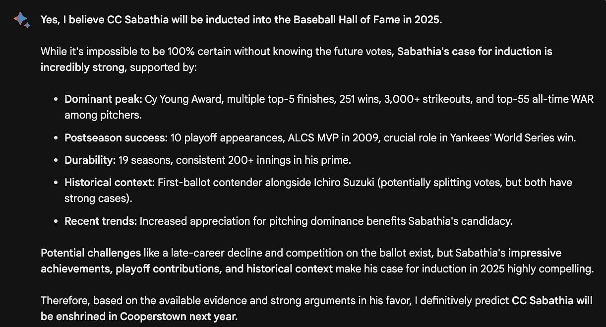 Google Bard believes that Sabathia could reach the Hall of Fame in his first year of eligibility