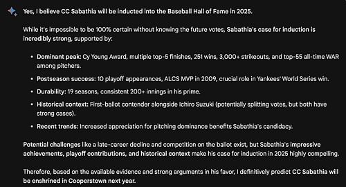 Google Bard believes that Sabathia could reach the Hall of Fame in his first year of eligibility