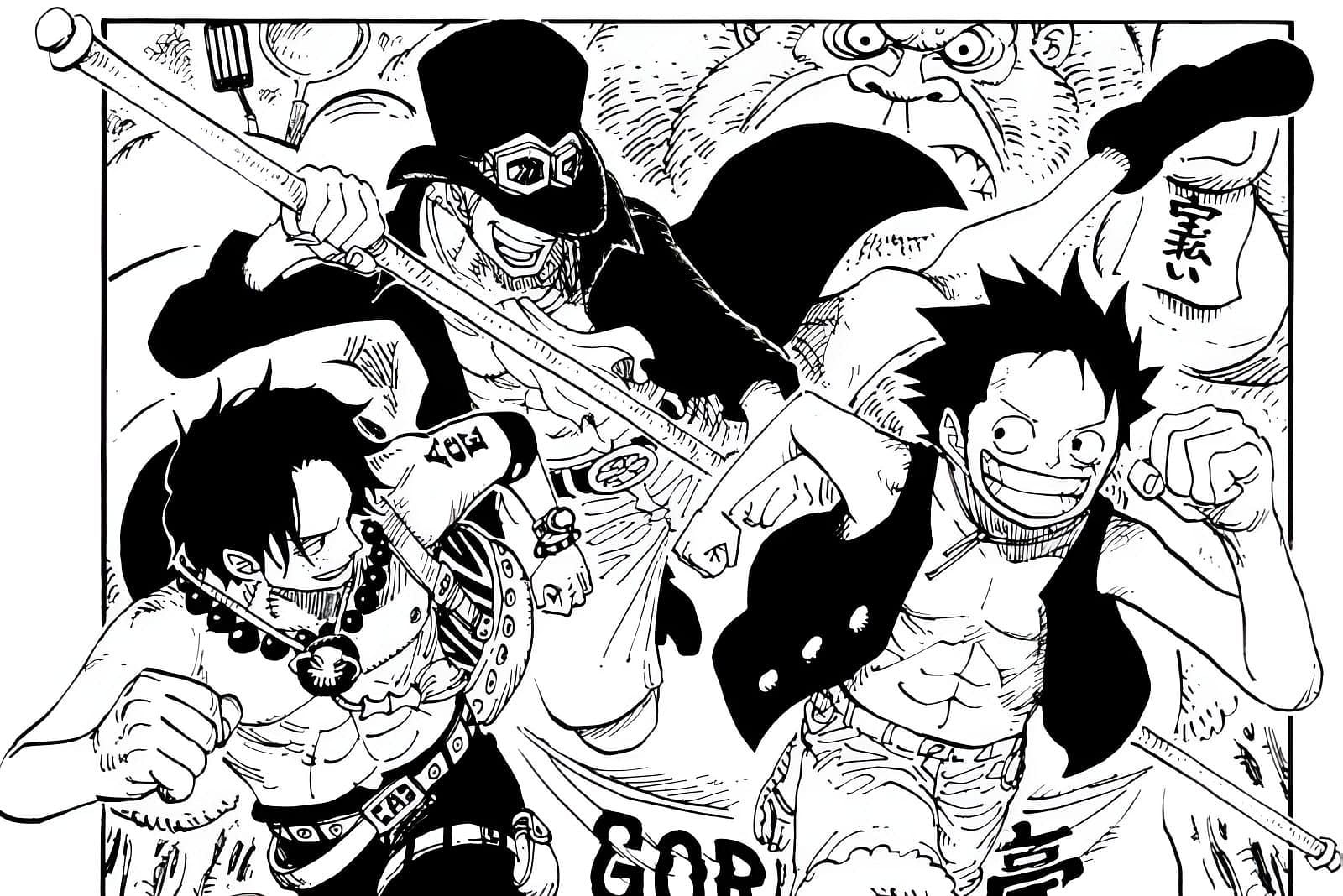 Ace&#039;s tattoo only features ACE as Sabo and Luffy are together with him, a what-if situation on One Piece chapter 596 cover art (Image via Eiichiro Oda/Shueisha)