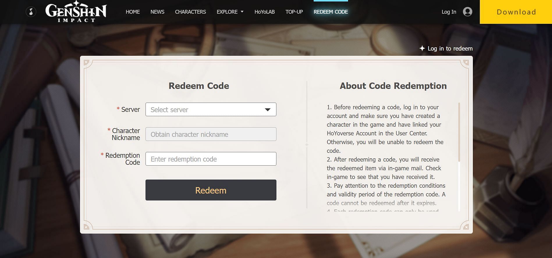 How to redeem codes on the official website (Image via HoYoverse)